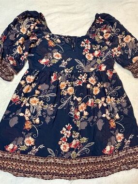 Angie Navy Floral Puff-Sleeve Mini Dress